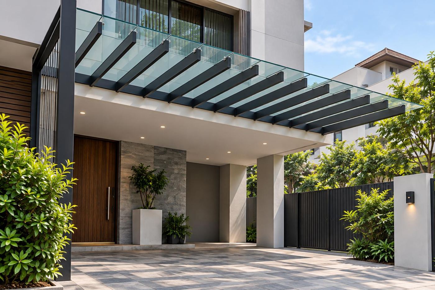Steel-framed glass canopy over a front porch
