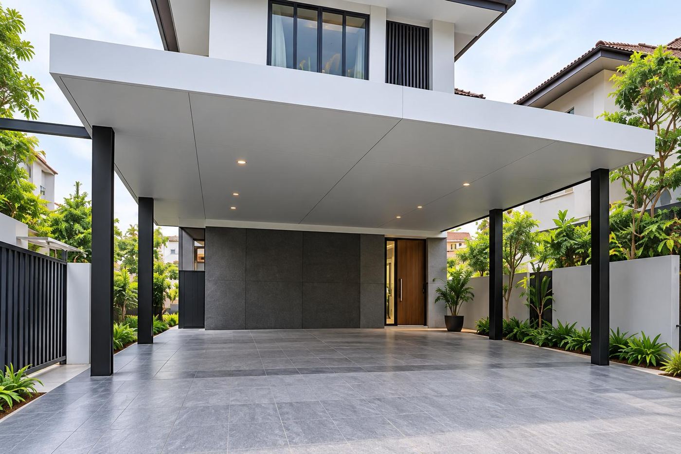 Flat-roof carport canopy on steel columns