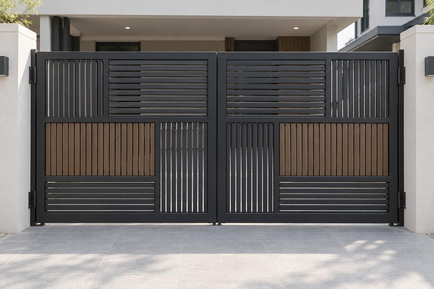 Black metal swing gate with timber-look panels